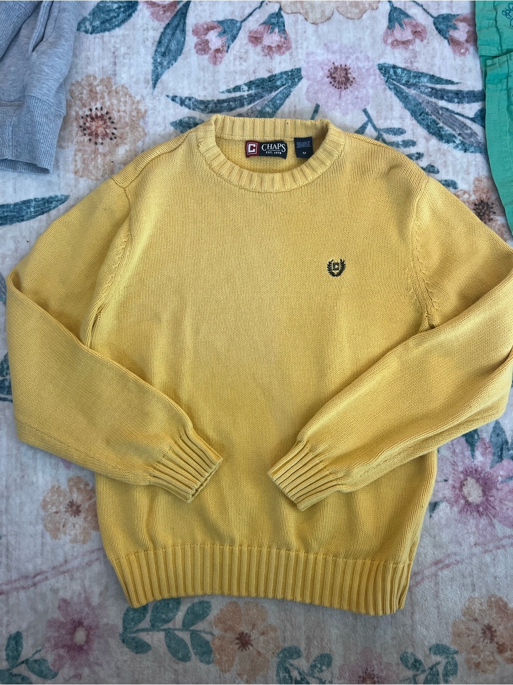 Mustard Chaps Men's Crewneck Sweater in with Embroidered Crest- 100% cotton